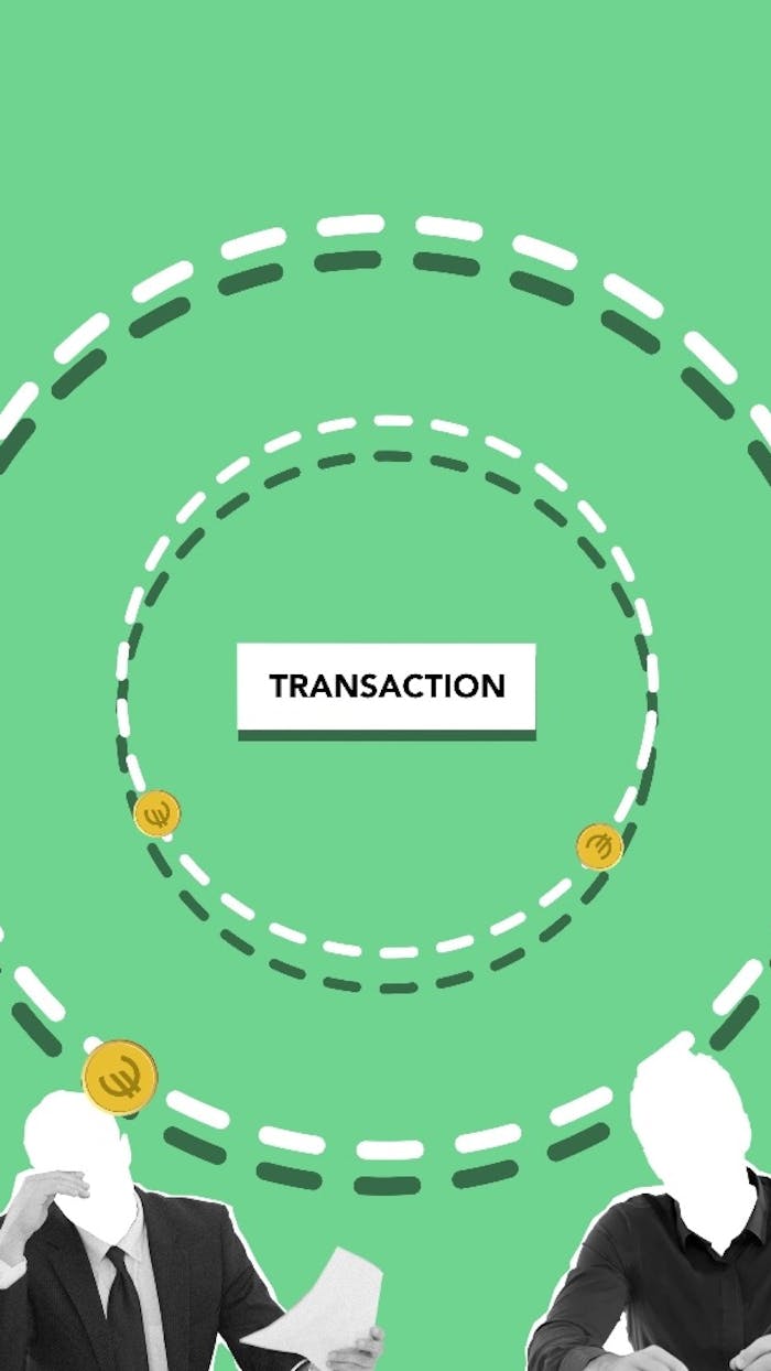 Minimalist illustration of digital transactions with a green background and circular elements.