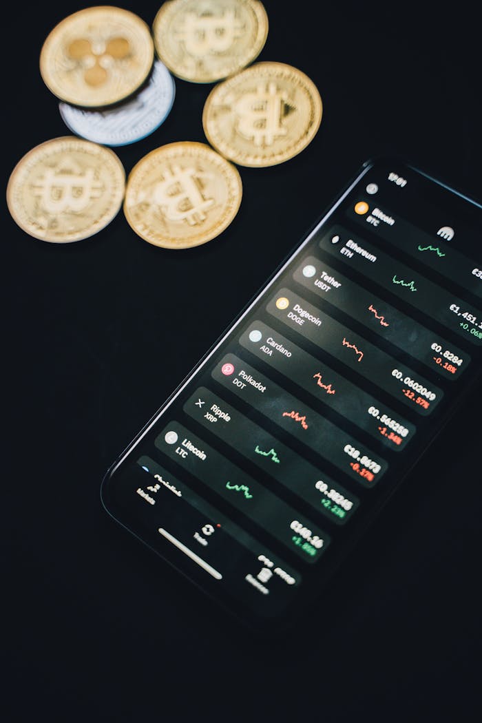 Services Smartphone showing cryptocurrency exchange app with bitcoin coins in the background, conveying digital finance.